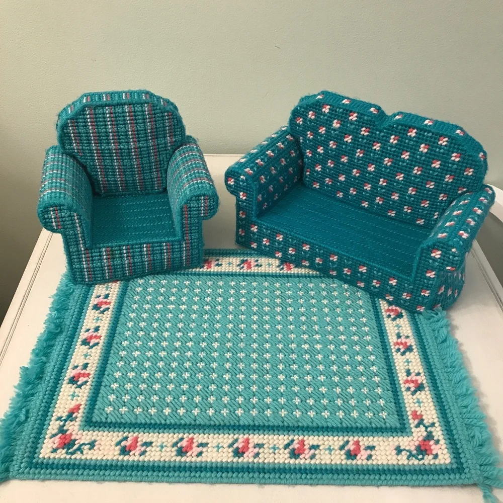 Vintage Hand Made Plastic Needlepoint Doll living room furniture